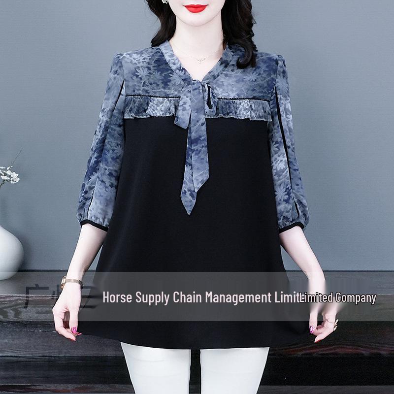 

Летняя шифоновая блузка с цветочной лоскутной отделкой, рукавом до локтя, большого размера, свободного кроя для женщин 4XL for 180-200 jin (90-100 kg) чёрный