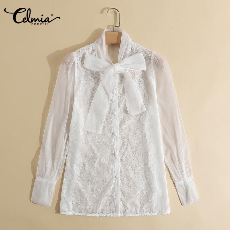 

Celmia Spring Женский Вид через сетку Bowknot Puff Long Sleeve Кружевные рубашки
