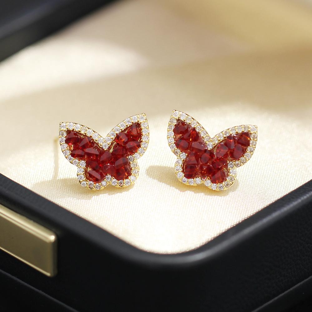 2025 Autumn and Winter New Red Crystal Butterfly Stud Earrings High-end Light Luxury Niche Design Unique Exquisite Earrings Women