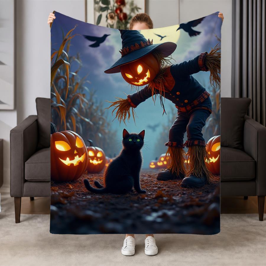 Spooky Halloween Night Flannel Throw Blanket-Soft & Warm Fleece with Pumpkin Scarecrow, Black Cat, and Full Moon Design Cozy Decor for Couch, Bed, Off