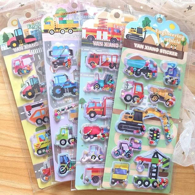 1/4pcs 3D Colorful Cartoon Water-filled Shake Car Construction Engineering Vehicle Excavator Sticker Kids Reward Gift