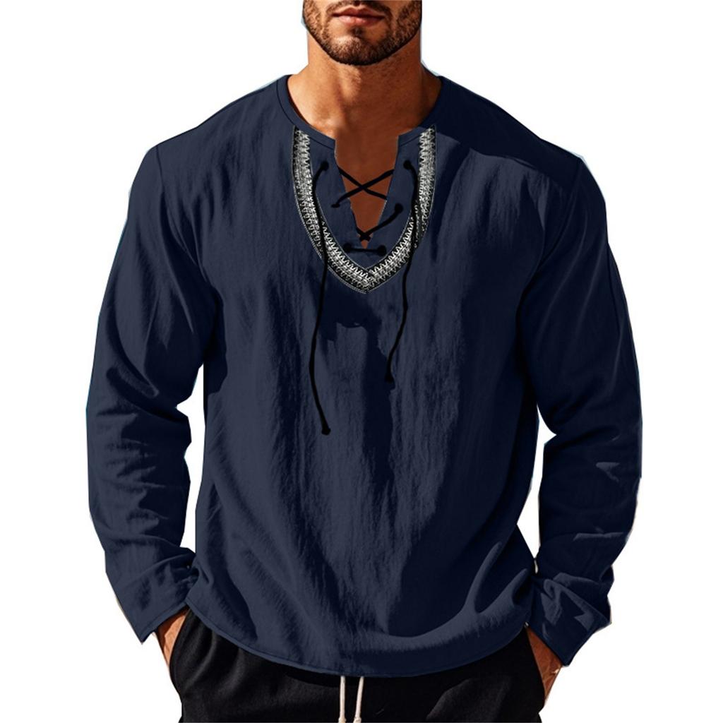 Men's Loose Casual Cotton And Linen Drawstring Collared Shirt Top
