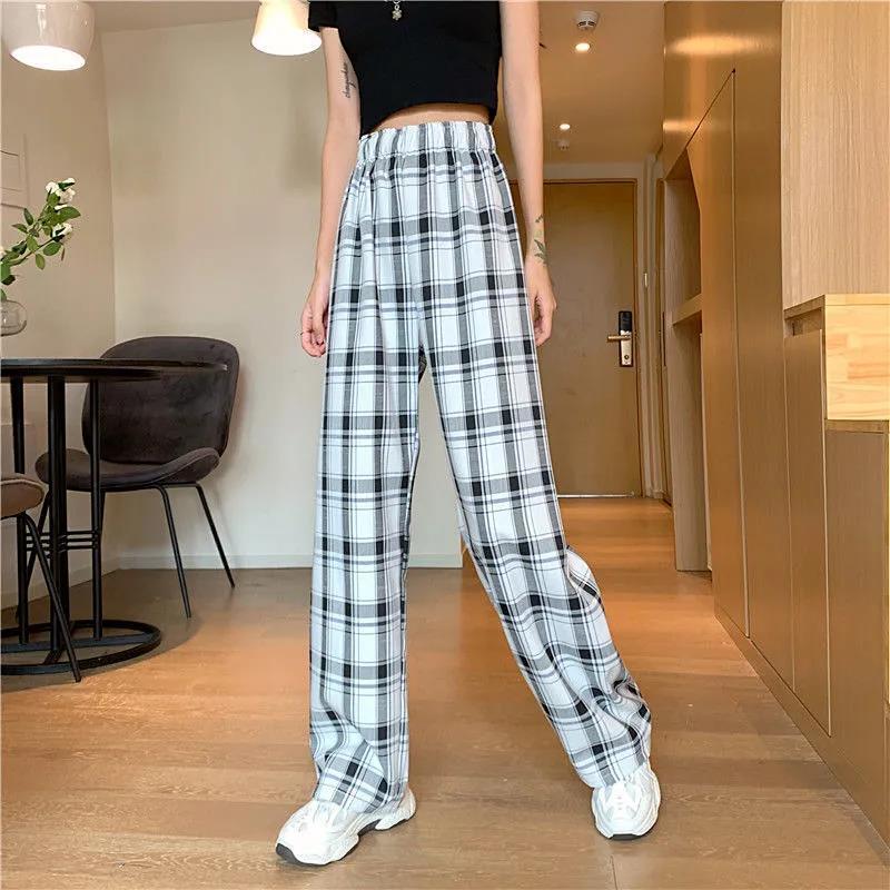 Vintage Plaid Women Pants High Waist Wide Leg Straight Pant Loose Casual Female Trousers Wide Leg Pant Fashion