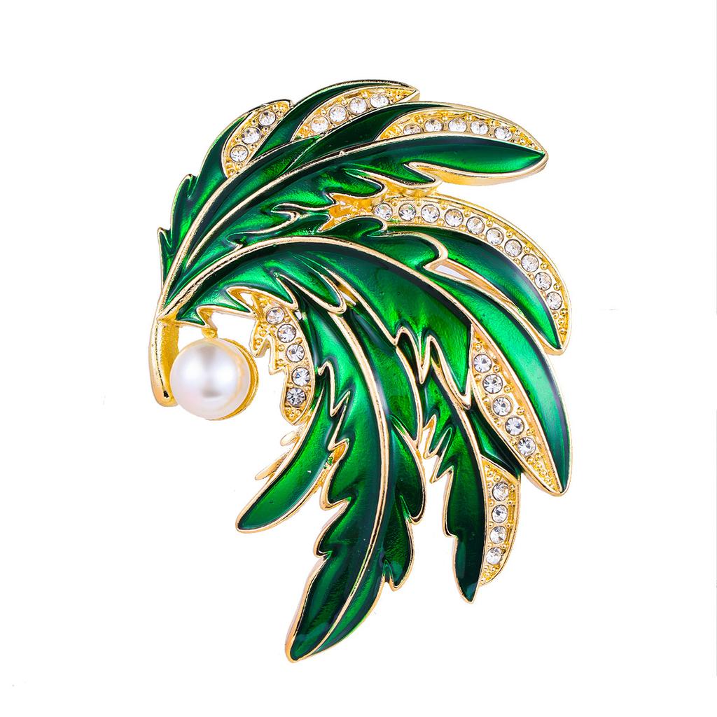 Alloy Leaf Brooch Set with Diamond and Pearl - Elegant and Fashionable Women's Pin for Formal Dresses