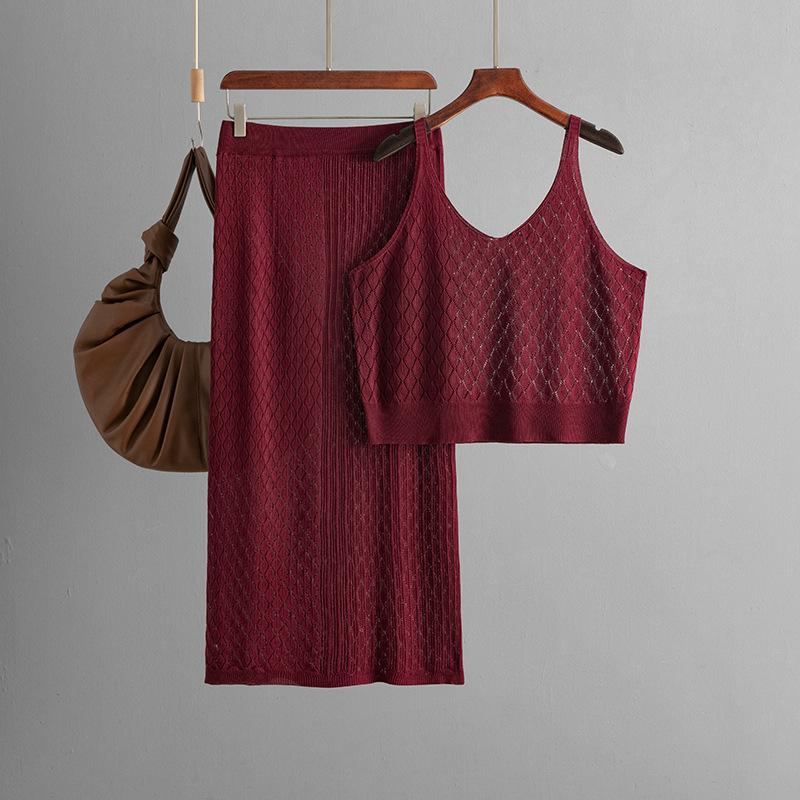 

Летний ажурный короткий вязаный комплект с подтяжками, юбка-полусолнце, повседневный комплект из двух предметов OneSize кларет