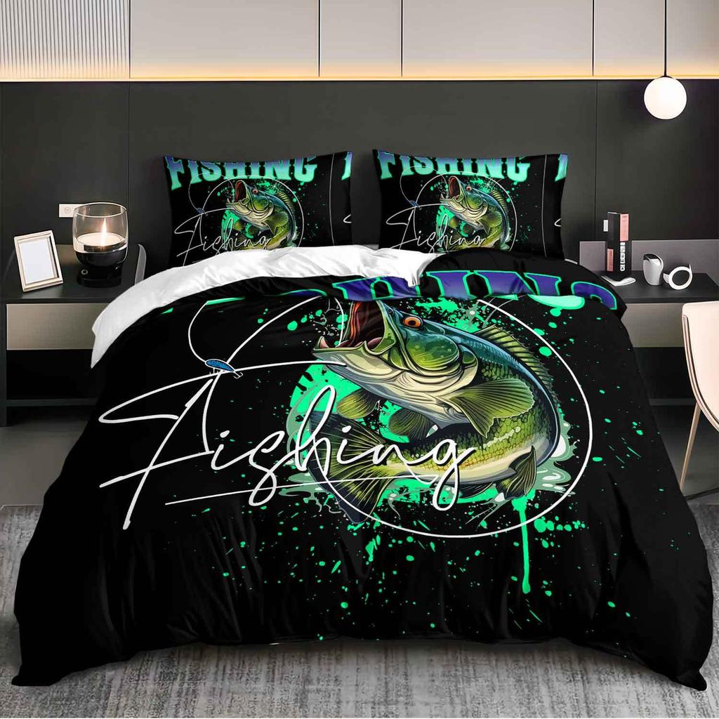 3pcs Cool Fishing Bedding Duvet Cover Set Bass Fish Bedding Quilt Set Fishing Themed Bed Quilt Set Sporty Bedroom Decor Bed