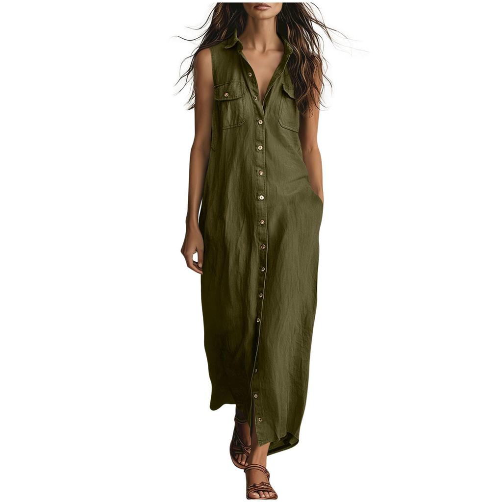 Women's Fashionable Lapel Button Loose Bohemian Vacation Beach Dress With Pockets