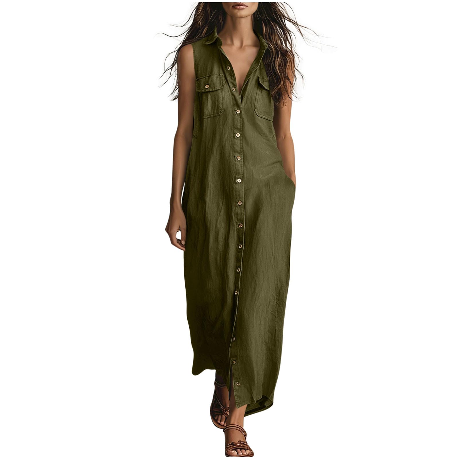 

Women s Fashionable Lapel Button Loose Bohemian Vacation Beach Dress With Pockets L армия зеленый