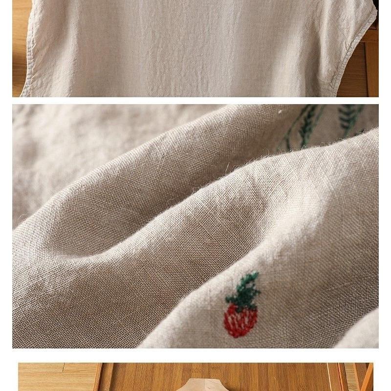 Women Navy Blue Cotton Linen Floral Embroidered Sleeveless Button Blouse With Ruffle Neck Summer Casual Top
