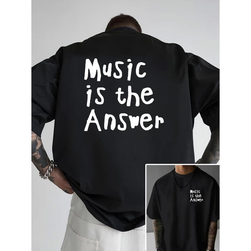 European sizes Men s Oversized Drop Shoulder T-Shirt with Music Is The Answer Slogan Print - Double-Sided Front & Back Graphic Tee S чёрный