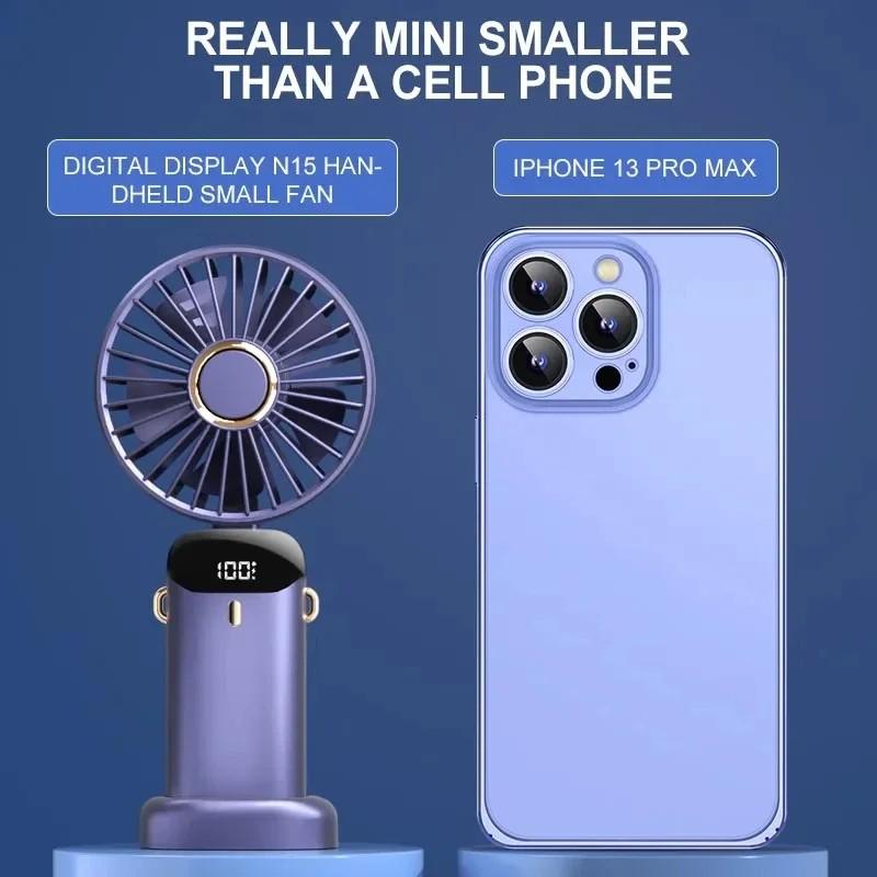 Handheld Mini Fan Foldable Portable Neck Hanging Fans 5 Speed USB Rechargeable Fan with Phone Stand and Display Screen