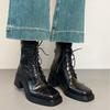Commuter Versatile Lace-up Martin Boots 6cm Square Head Thick Heel Short Boots Waterproof Table Thin Boots New