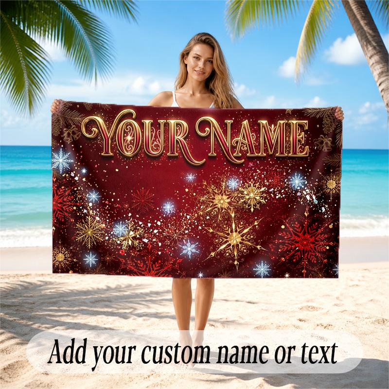 Christmas Theme Quick Dry Beach Towel Custom Name Text Print Large Sand Resistant Towel Beach Vacation