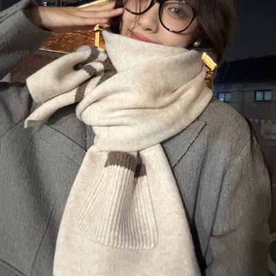 Pocket Scarf for Women Autumn and Winter Plaid Striped Wool Blend Versatile Student Couple Warm Scarf Dual Purpose Trendy