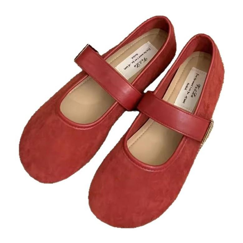 2025 Spring New Suede Red Light Mouth Single Shoes Female Retro Gentle Fairy Style Casual Soft Flat Bottom with Skirt