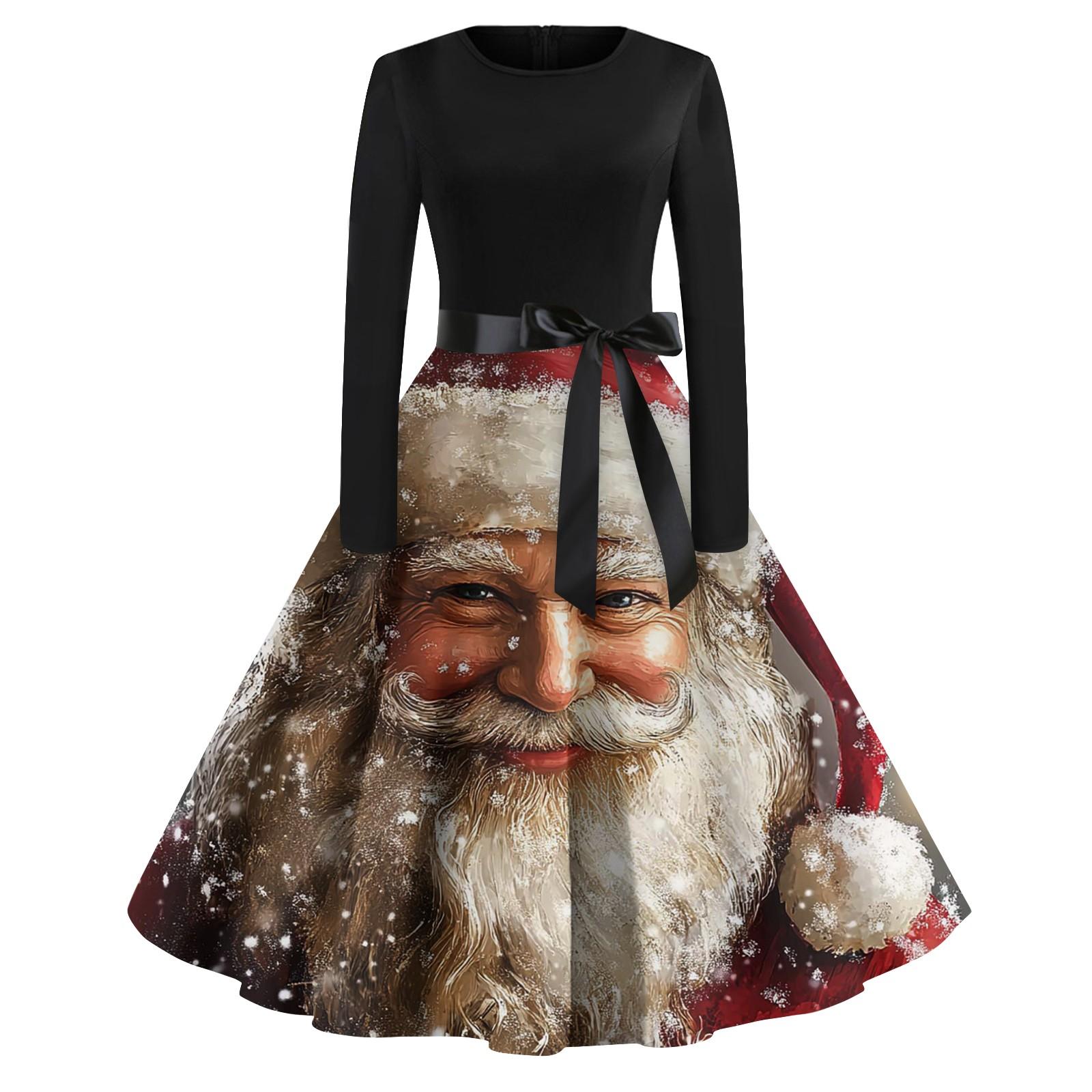 

Женская мода винтаж с длинным рукавом и круглым вырезом с рождественским принтом вечерние платья платья S белый