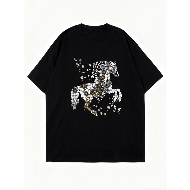 Übergroßes T-Shirt Kleid Schwarzes Pferd Musterdruck Lässig Streetwear Mode Damen Oberteil