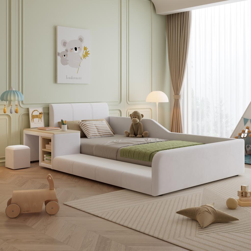 Letto imbottito, Letto singolo con scrivania per bambini e sgabello, Con mensola, Testiera morbida, Letto per bambini con doghe in legno, Velluto, Bianco, 90x200cm