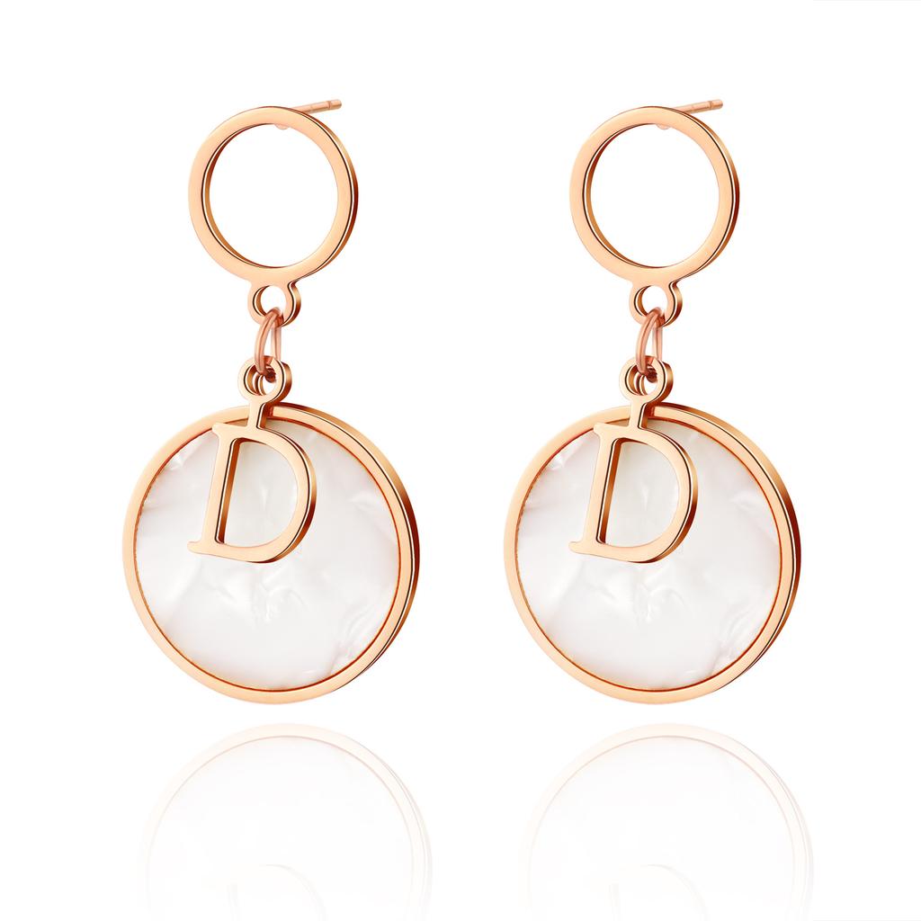 D Word Fritillary Earrings Stainless Steel Gold-Plated Round Pendant Niche Design Big-Name Wind Advanced Titanium Steel Earrings