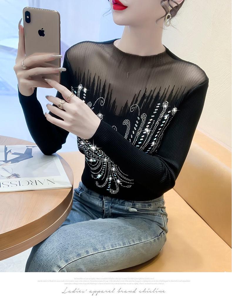 Elegant Rhinestone Mesh Sweater - Women's Long-Sleeve Versatile Chic Top