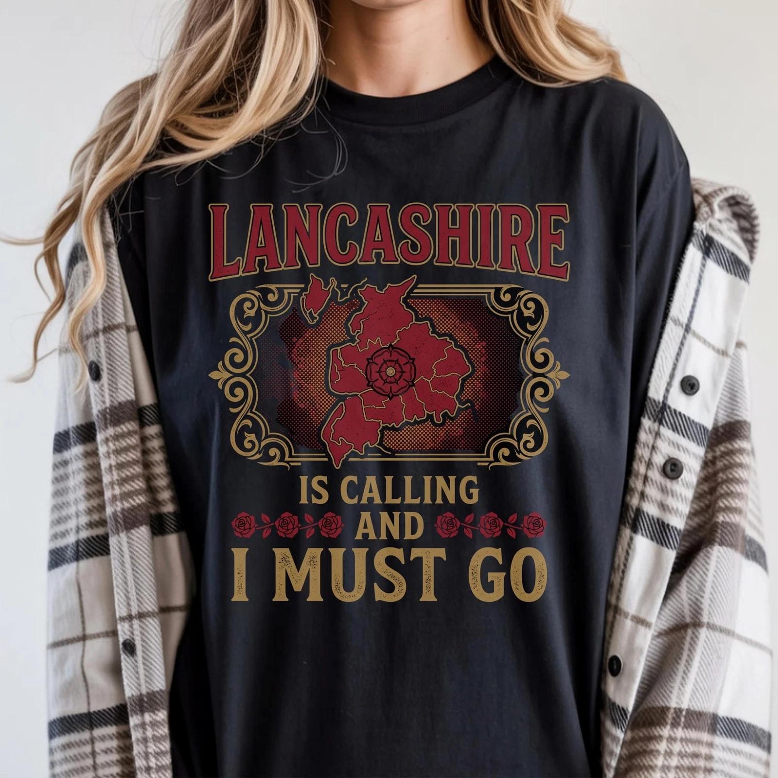 Lancashire Is Calling T-Shirt, England Map Rose Tee, UK Regional Pride Gift M