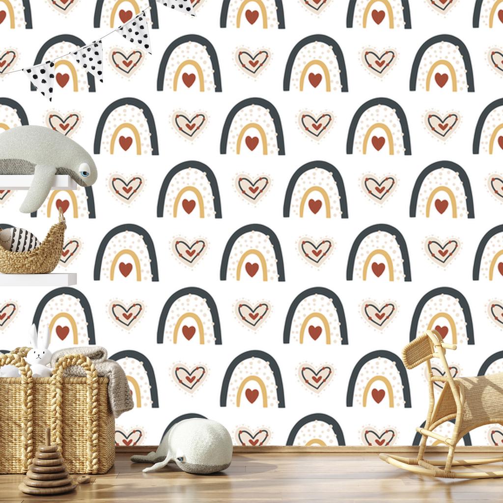 Rainbows and Butterflies Boho Wallpaper Cream, Navy Blue and Turquoise 50x1000