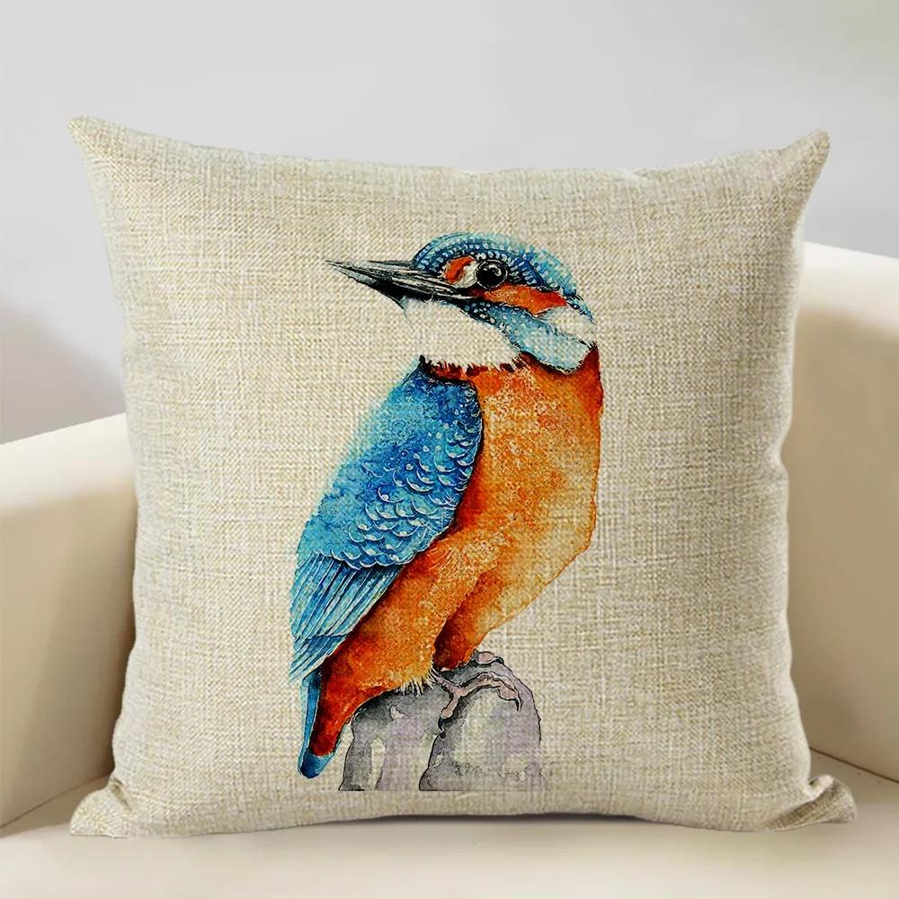 Watercolor Animal Bird Home Sofa Pillow Case Kingfisher Printed Decoration Throw Pillowcas 45x45cm Cushion Cover