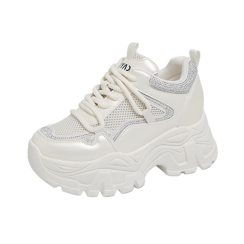 Fashion New Women Leather Platform Sneakers Spring Trainers White Shoes 9CM High Heels Wedge Outdoor Sport Shoes Breathable Casual Shoes