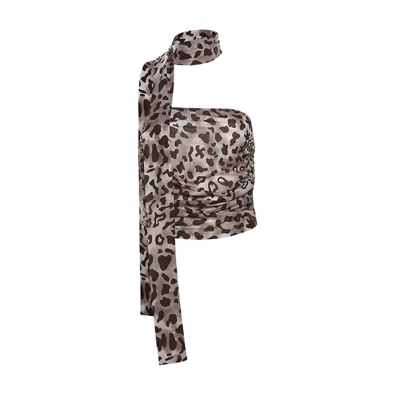 

Weird Puss Fancy Drag Sister Ins Vintage Leopard Print Sexy Tube Top Female Ruched Slim Fit Versatile Top Khaki L