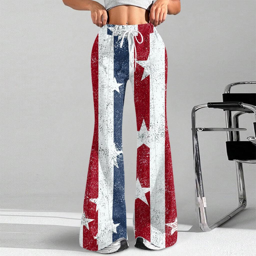Women's Fashion Loose Drawstring Tight Waist Independence Day Printed Casual Sports Pants Casual Flared Pants