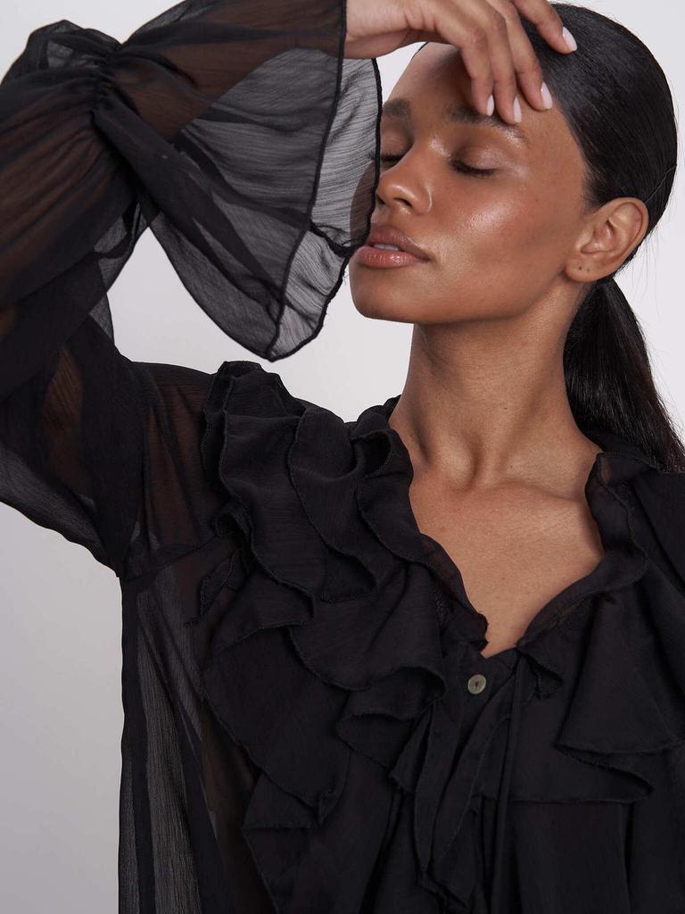 Stylish European & American Tie-Up Puff Sleeve Ruffle V-Neck Blouse - Solid Color Women's Spring Top