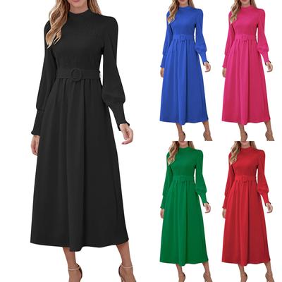 Women's Long Sleeved Solid Color High Round Large Swing Dress Slim Fit Long Dress