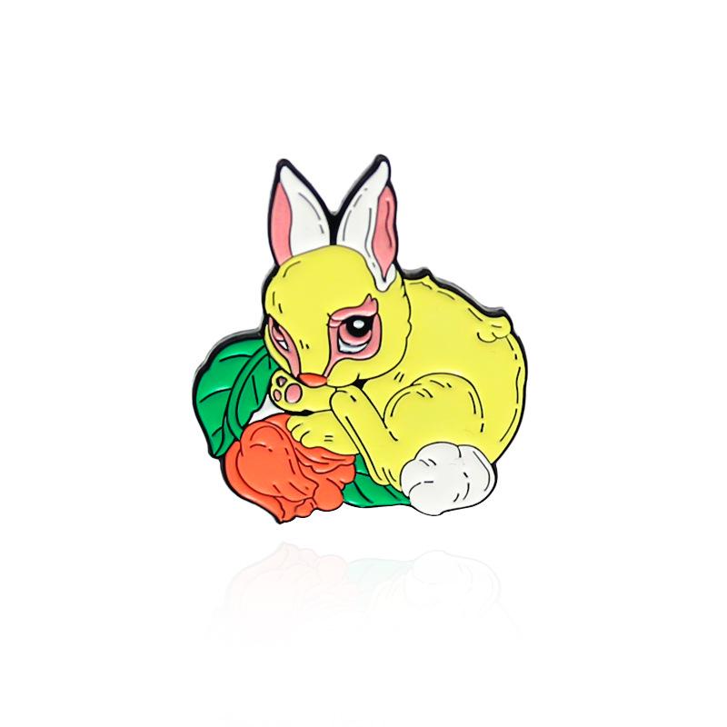 Cartoon Yellow Rabbit Brooch on Leaves Smelling Floral Fragrance