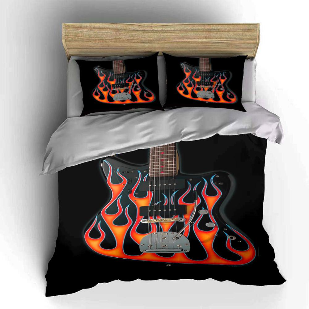 Guitar with Flame Print Bedding Set Bedding set (1 duvet cover, 2 pillowcases, duvet not included)
