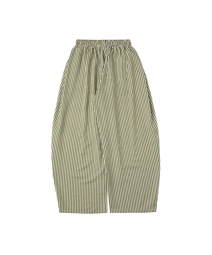 URBANAGE Balloon Fit Curved Stripe Pintuck Elastic Waist Pants_Khaki