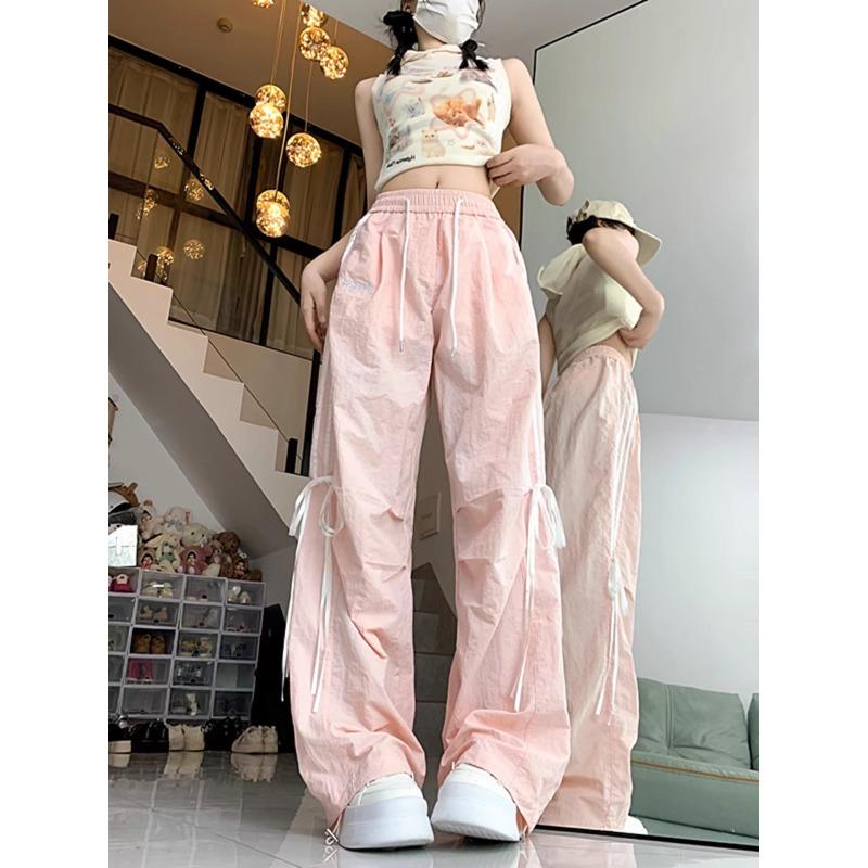 Summer Dopamine Bow Quick-drying Everyday Pants Everyday Work Pants High-Waist Relaxed Fit American Wide-leg Pants Women S