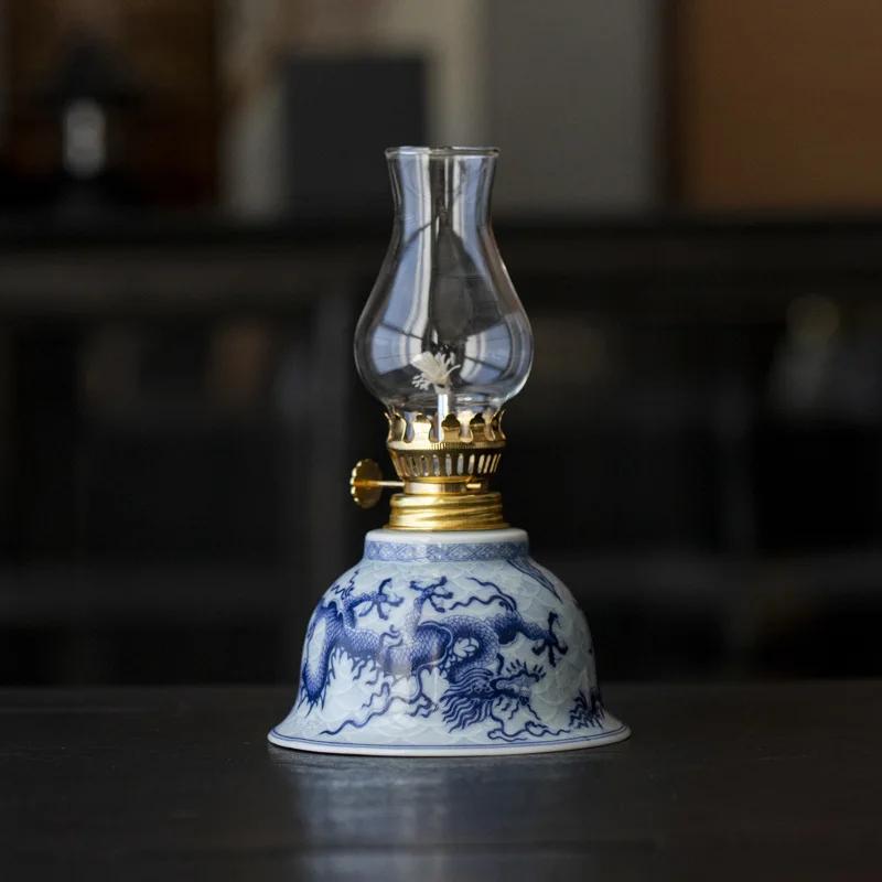 Hand Drawn Floral Retro Kerosenes Lamp Large Capacity Ceramic Butter Lamp Holder Chinese Style Study Bedroom Night Oil Lamp