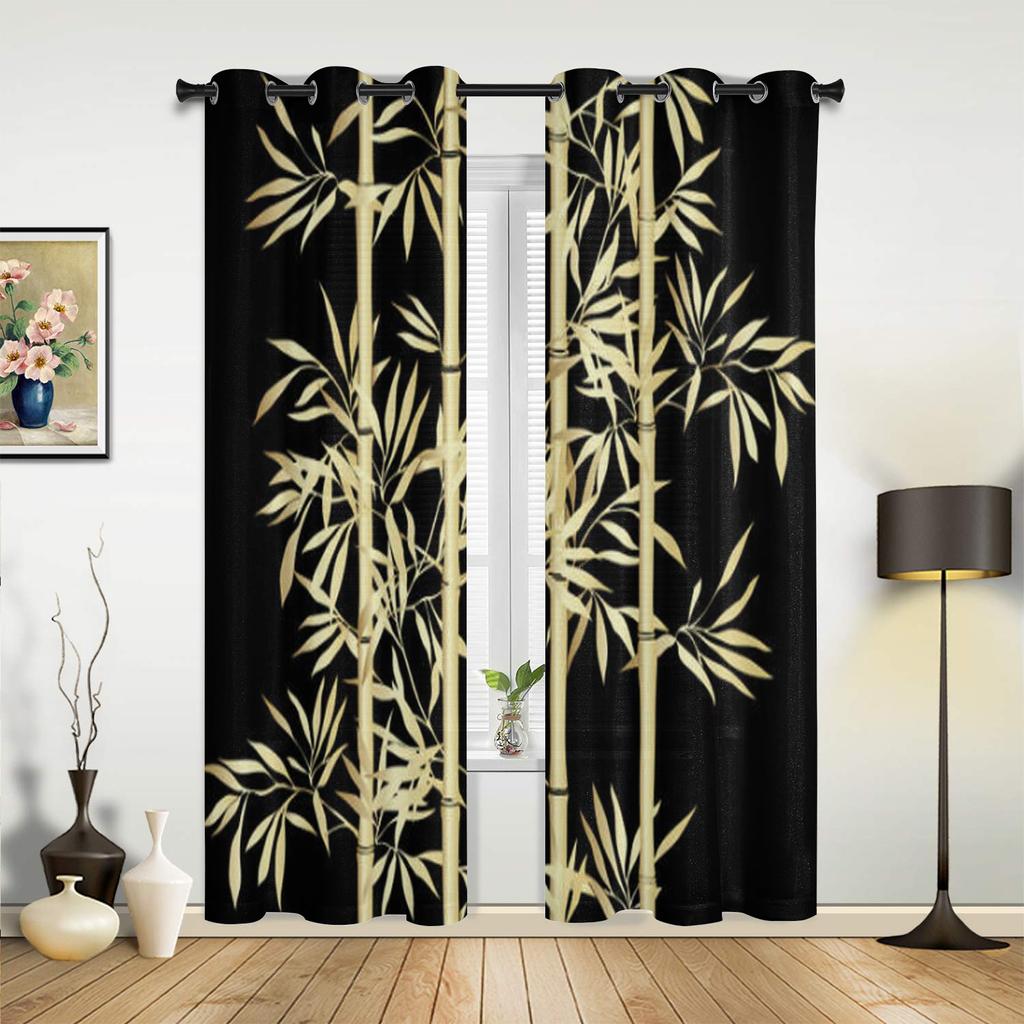 Gold Leaves on Black Background Window Curtain for Living Room Bedroom Home Decor Kitchen for Window Drapes
