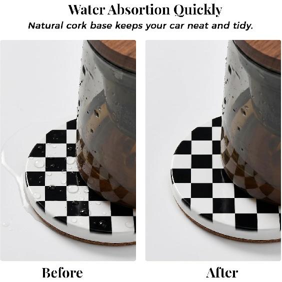 Checkered Car Coasters, Universal Fit Ceramic Car Cup Holder Coaster, 2Pcs | Absorbent Removable Cup Holder Coasters, Cute Girly Car Accessories for