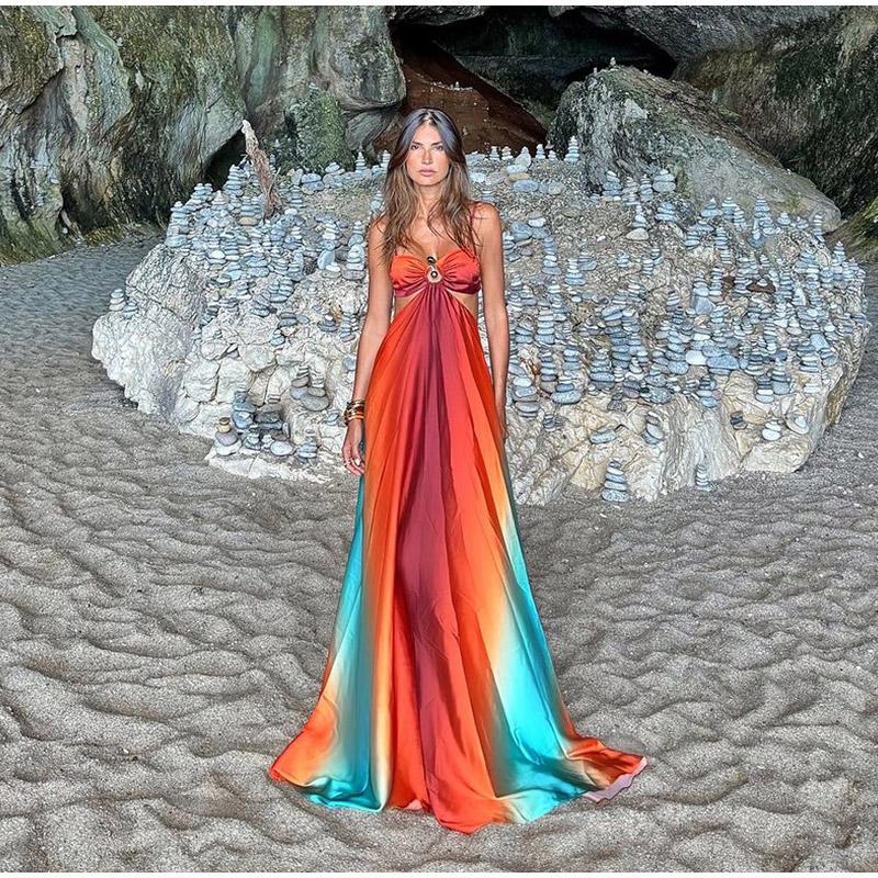 Tie-Dye Farbverlauf Ausgeschnitten Damen Maxi Kleid Elegant Schulterfrei A-Linien Saum Lange Kleider Neu Sommerurlaub Damenroben