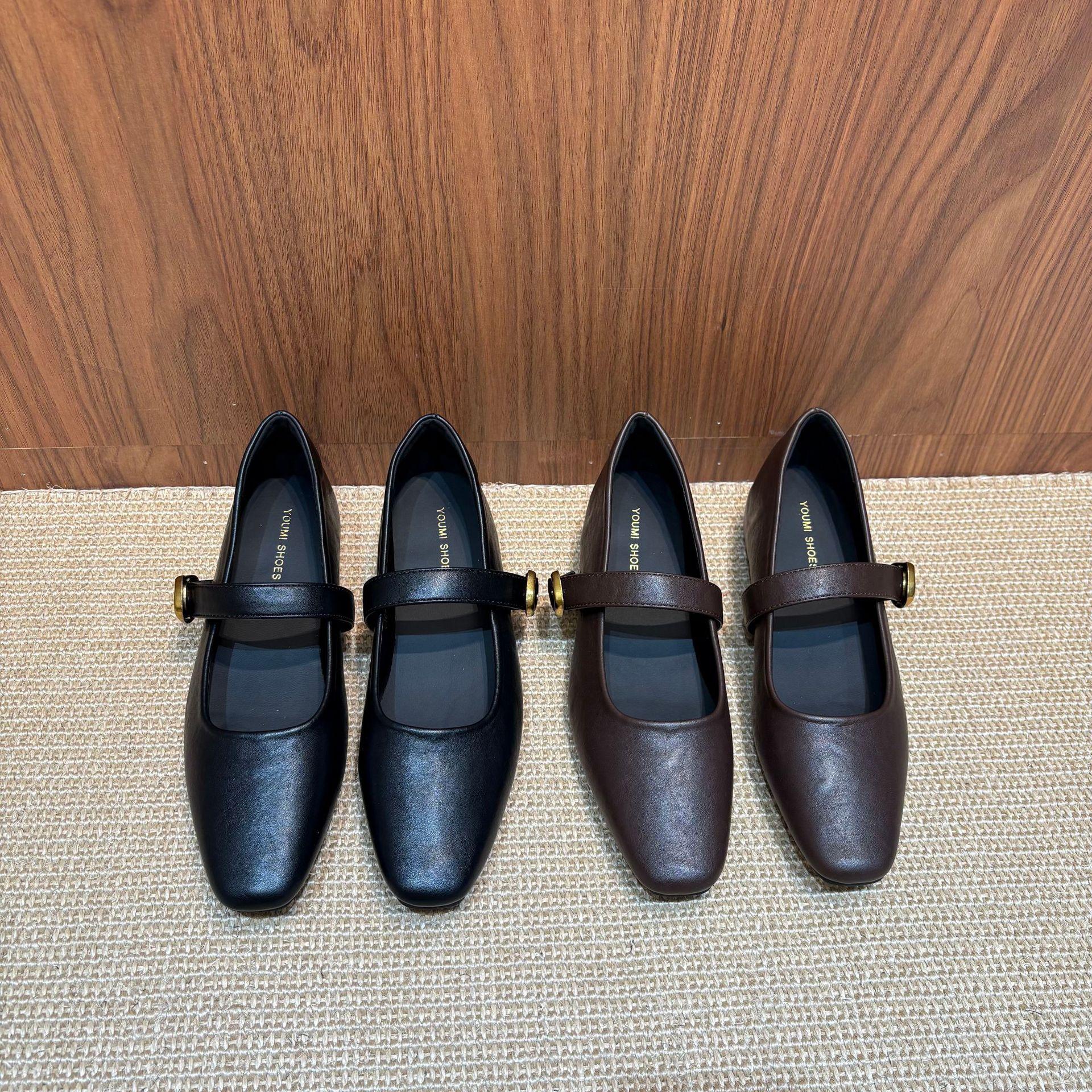 

2025 new square head one-word with rivets belt buckle inner slope heel shallow mouth versatile commuter work women s shoes 39 кофейный