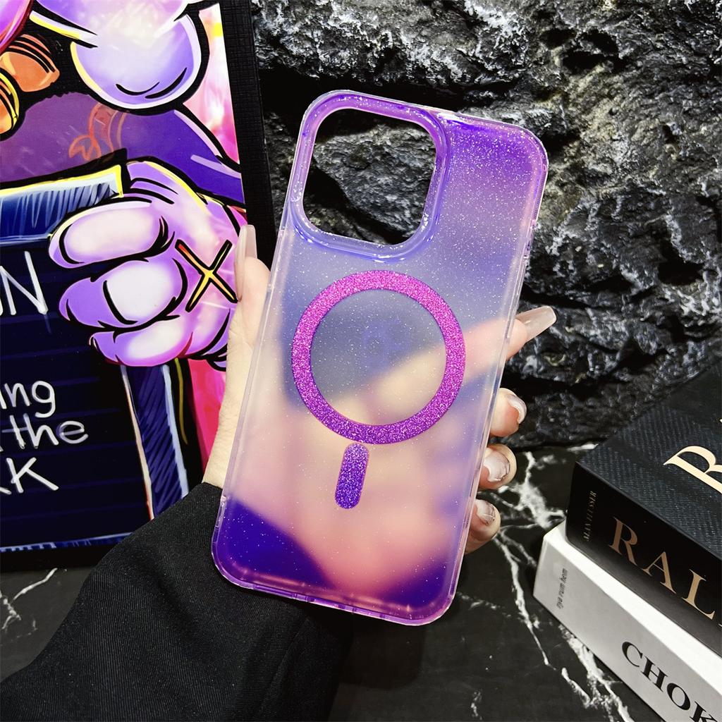 The IPhone16 Dual-color Gradient Blue Light Glitter Magnetic Attraction Is Suitable for Apple 14/15 Pro Max Phone Cases