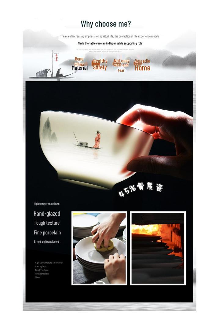 Tangshan Underglaze Ceramic Landscape Ramen Bowl Set
