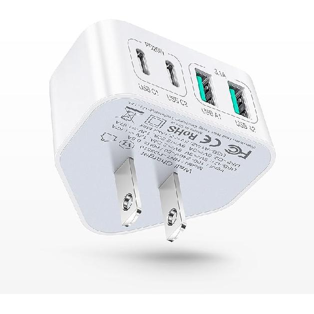 40W USB C Charger Block, 4-Port Flat Wall Charger Fast Charging Block[USB A & USB C]Multiport C Plug Type C Power Adapter Brick compatible with 1-Pack White