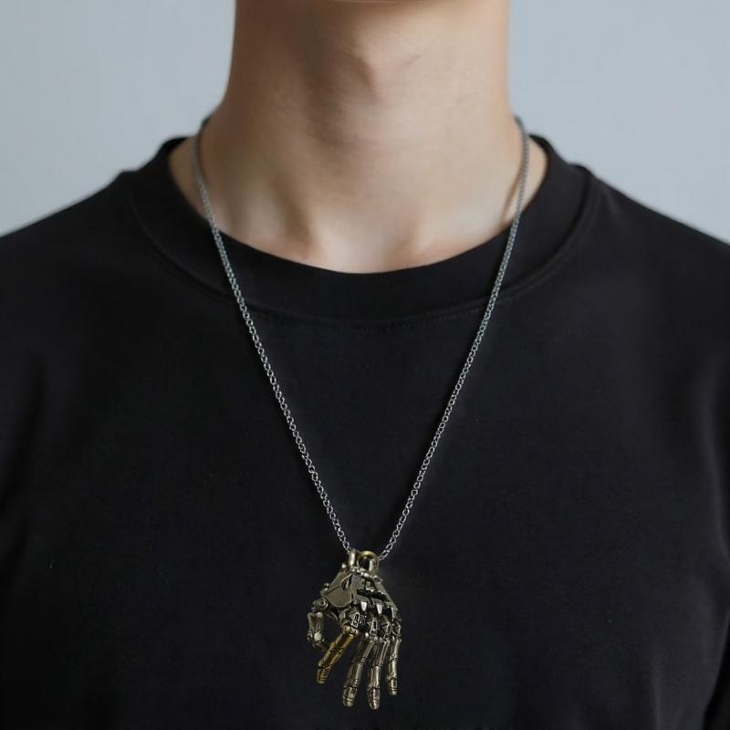 Bionic Movable Finger Joints Hand Pendant with Chain for Men/Women Contemporary Mechanical Jewelry Statement Accessory