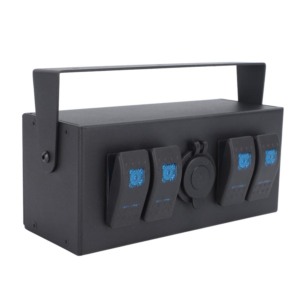 4 Gang Rocker Switch Box DC 12‑24V ON Off Toggle Panel Box with Cigarette Lighter Port Back Light for Boats Yachts RV