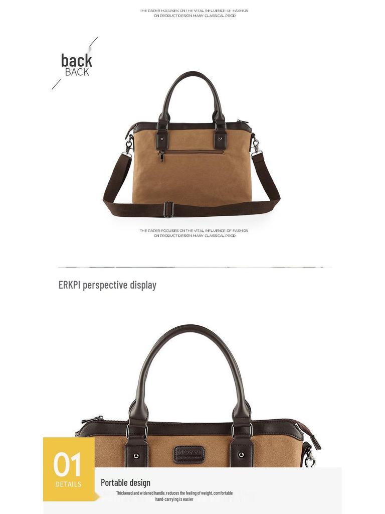 Men's Classic Canvas Business Briefcase: Horizontal Shoulder Bag with Cowhide Accents for Laptop and Daily Use