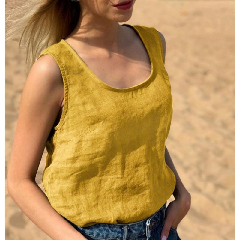 Women's Loose Casual Cotton and Linen Summer Solid Colour Round Neck Tank Top