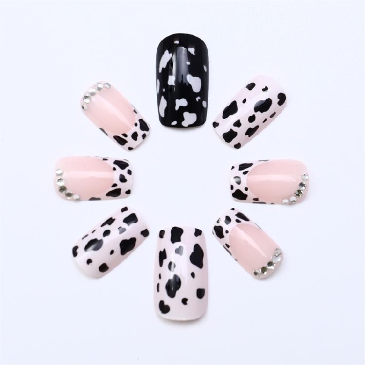 24pcs Medium Length French Leopard Acrylic Nail Art With Rhinestones Full Cover False Nail For Parties And Social Event