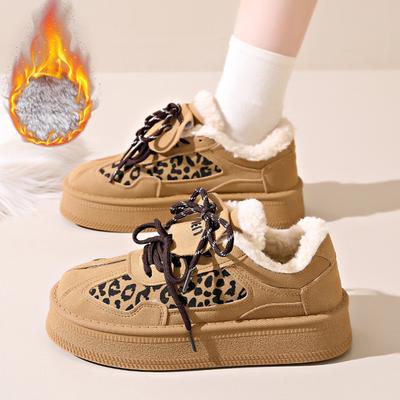 Winter Women Platform Sneakers Casual Warm Plush Shoes Lace Up Leopard Design Shoes Soft Fur Outdoor Running Sneakers Female 40